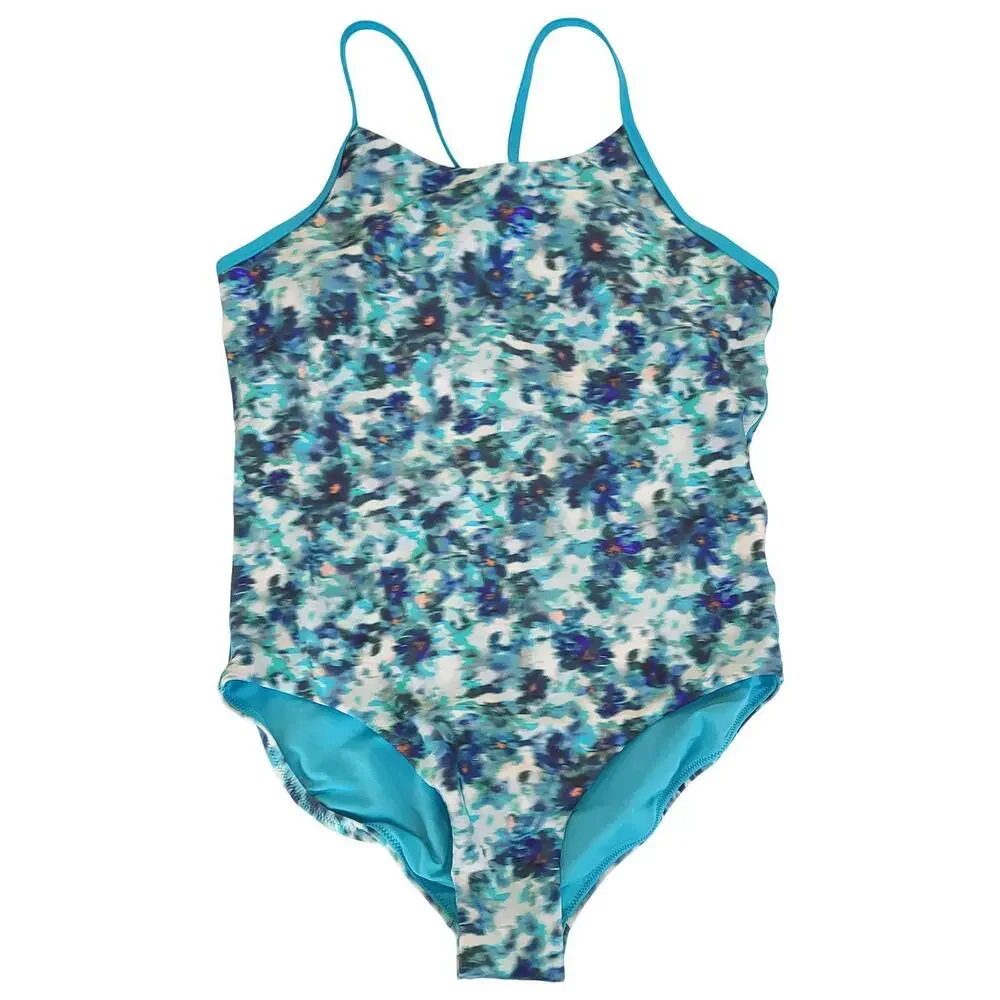 NWT Athleta Girl Swimsuit XXL 16 Blue Printed One Piece Adjustable Straps